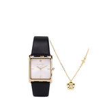 Atharis Gold Leather Watch with Necklace Set (Black)
