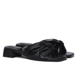 Hunera Asymmetric Pleated Low Heels Sandals (Black)