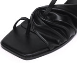 Hunera Asymmetric Pleated Low Heels Sandals (Black)