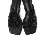 Hunera Asymmetric Pleated Low Heels Sandals (Black)